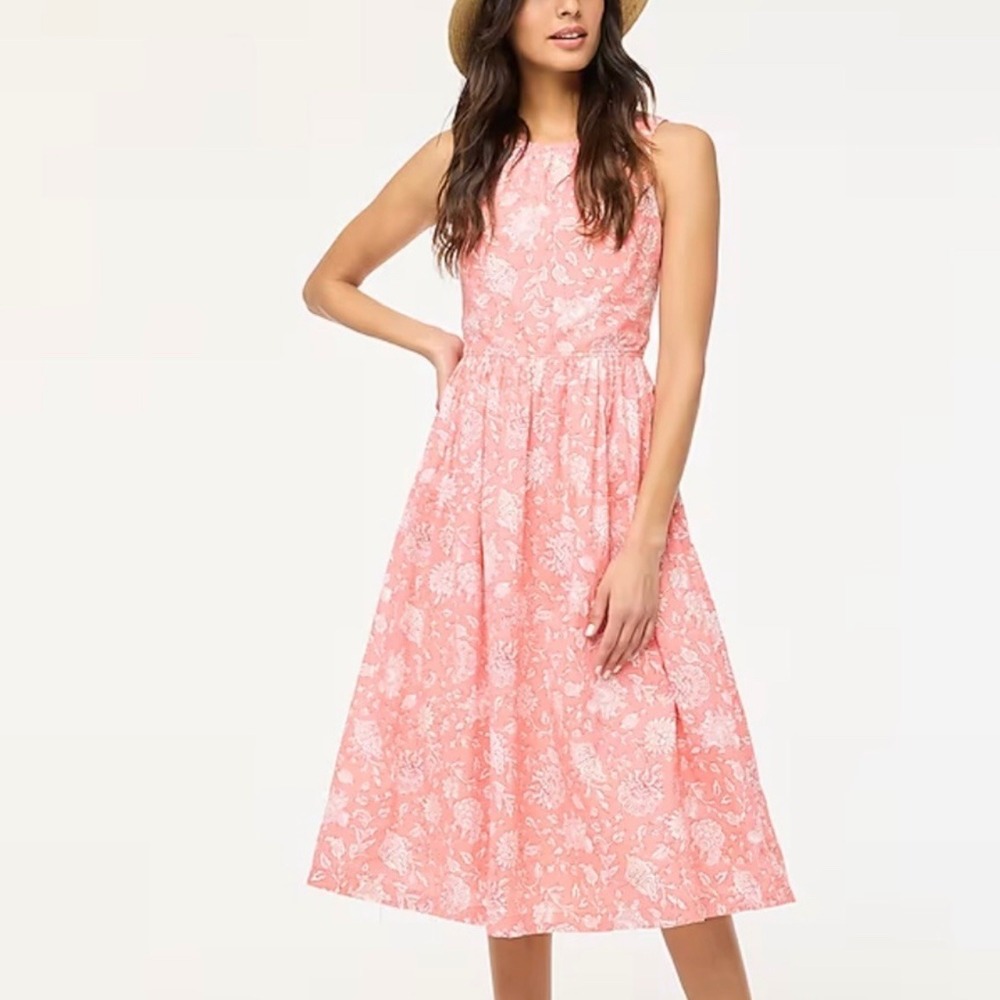 New J. Crew Vivid Coral‎ Floral Tie Neck Midi Dress Size 10